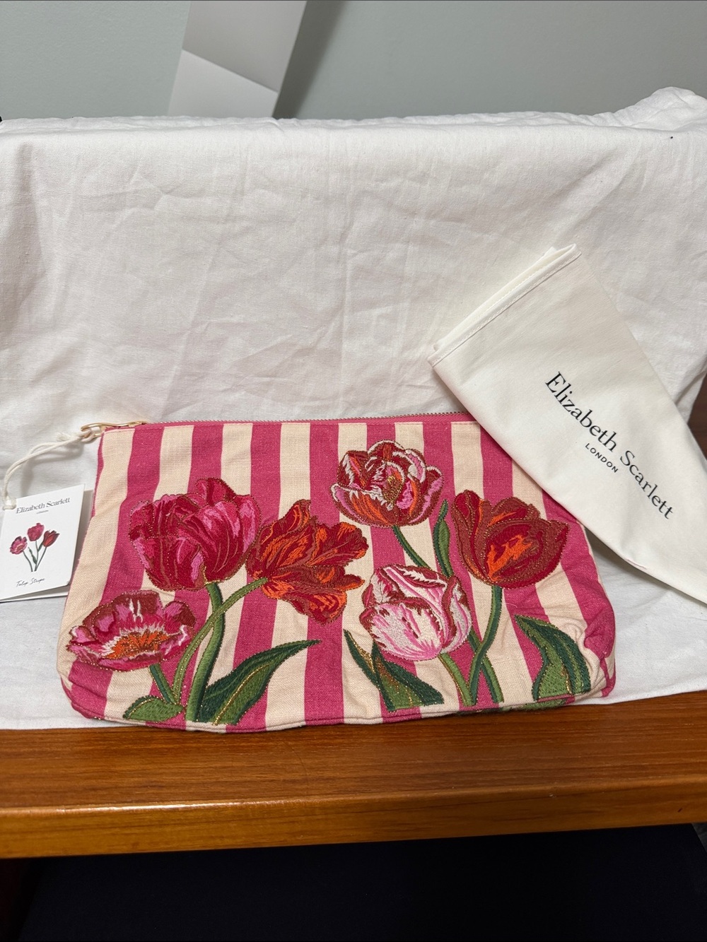 Elizabeth Scarlett Pink Striped Tulip Embroidered Cosmetic Pouch